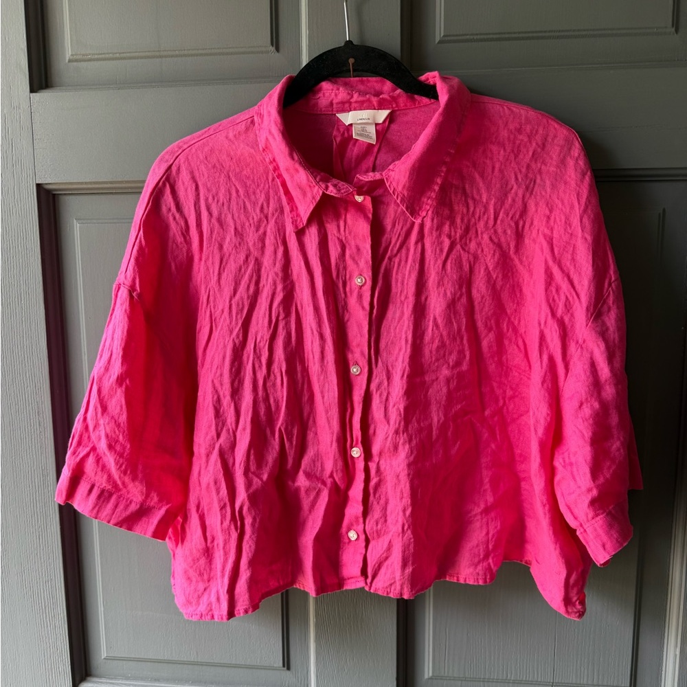 H&M Pink Linen Cropped Button Down Shirt Women's Large Short Sleeve